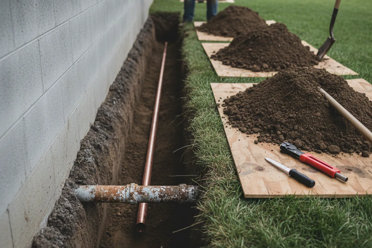 Excavated water line trench during Water Heater Repair in Royal Center